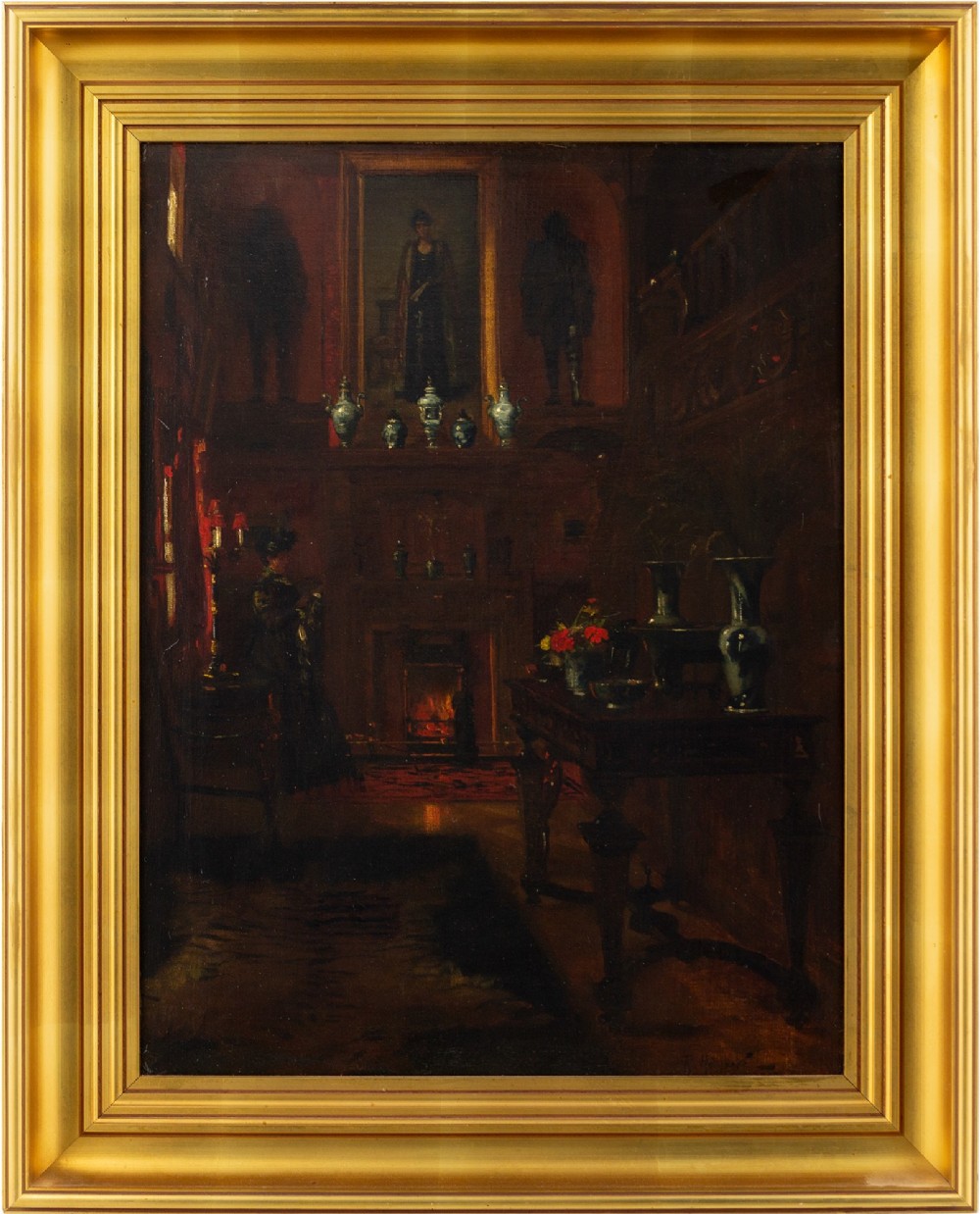 19th-Century Danish School, Drawing Room With Seated Lady - Antique Oil Painting