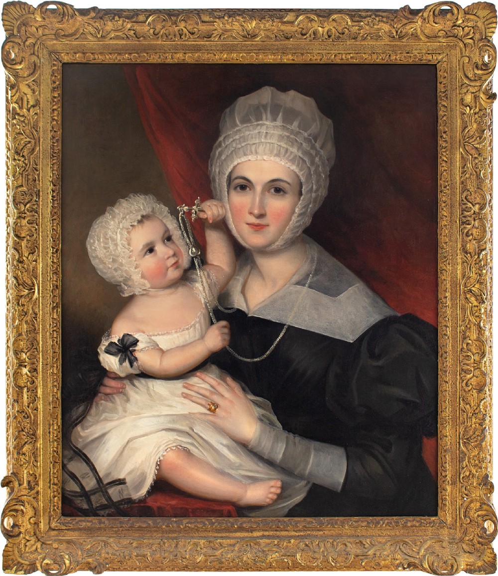 19th-Century English School Portrait Of A Lady & Child - Antique Oil Painting 