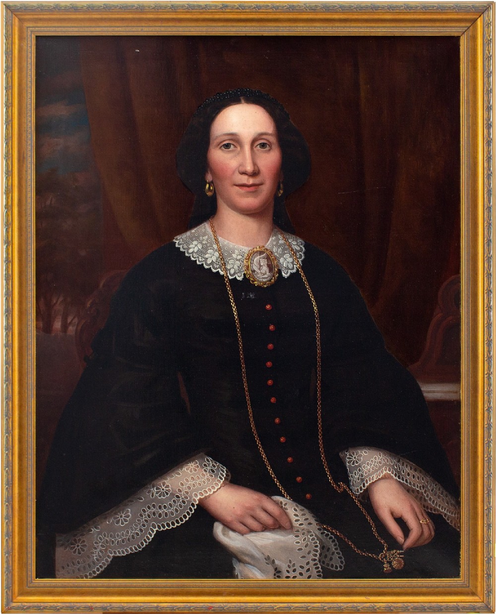 19th-Century Portrait Of A Lady With A Leda & The Swan Cameo Brooch - Antique Oil Painting 