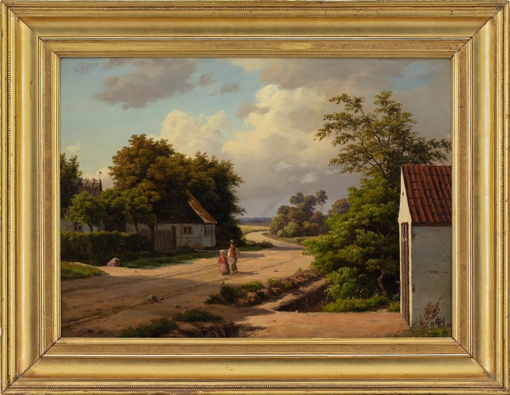 Carsten Henrichsen, Rural Landscape With Children - Antique Oil Painting 