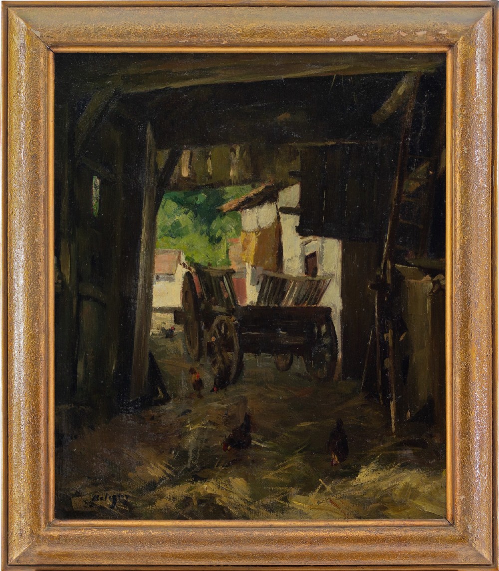 Ernest Betigny, Rustic Barn With Chickens & Cart - Antique Oil Painting 