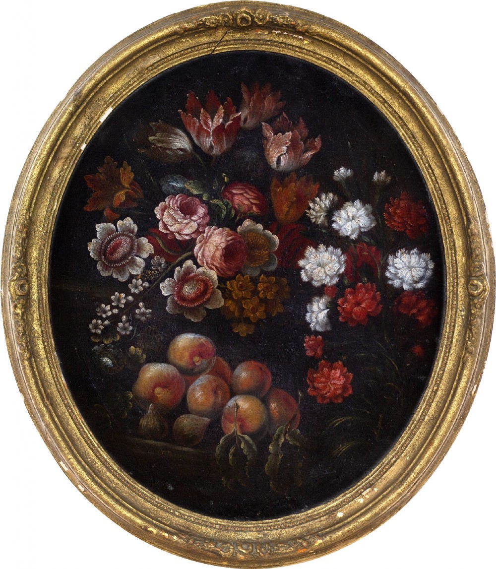 18th-Century Italian School Still Life With Flowers, Peaches & Figs - Antique Oil Painting 