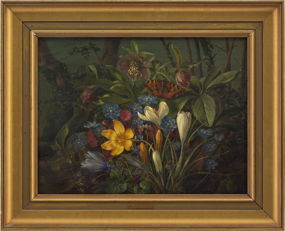 Johan Frederik Damm, Forest Floor Still Life With Butterfly - Antique Oil Painting 