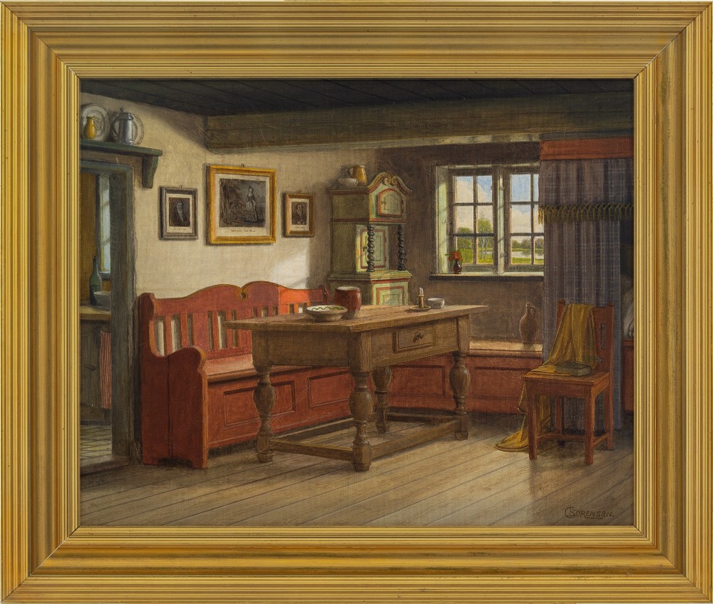 C. Sørensen, Living Room Interior - Vintage Oil Painting 