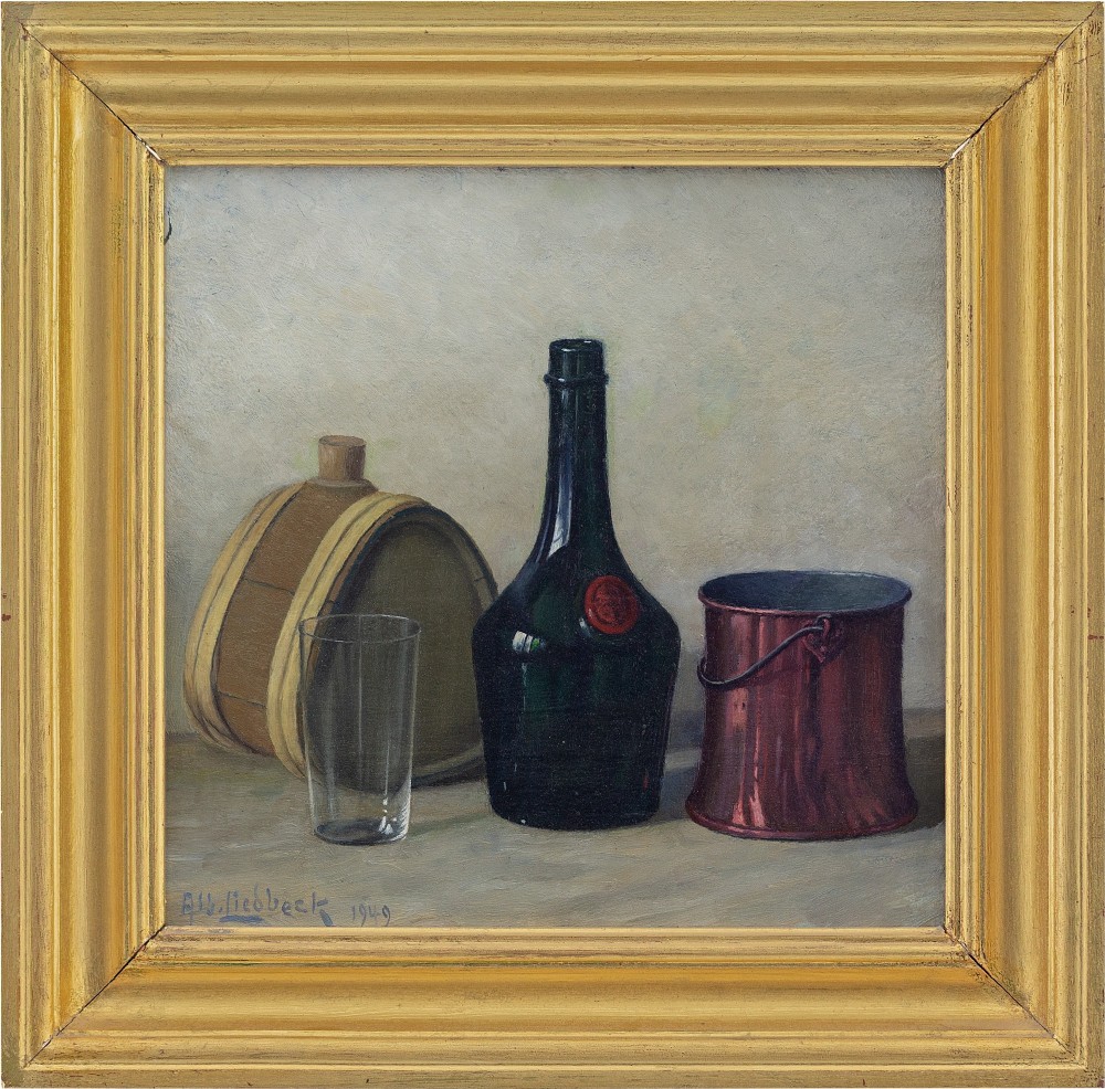 Albert Liedbeck, Still Life With Copper Bucket And Bottle - Vintage Oil Painting 