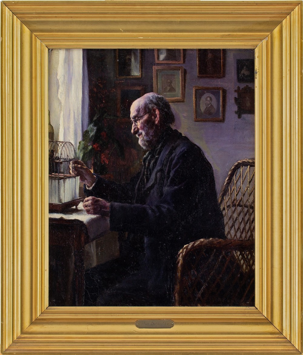 Sophus Vermehren, Interior Scene With Older Gentleman - Antique Oil Painting 