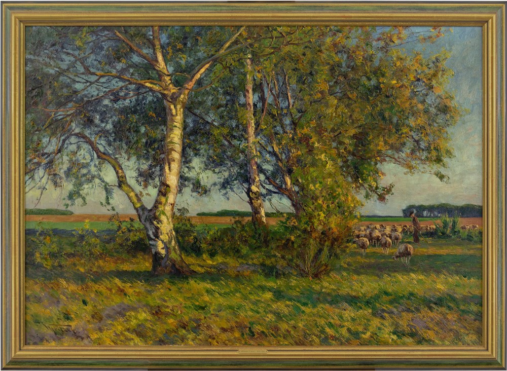 Wilhelm Fritzel, Pastoral Landscape With Birch Trees - Antique Oil Painting 