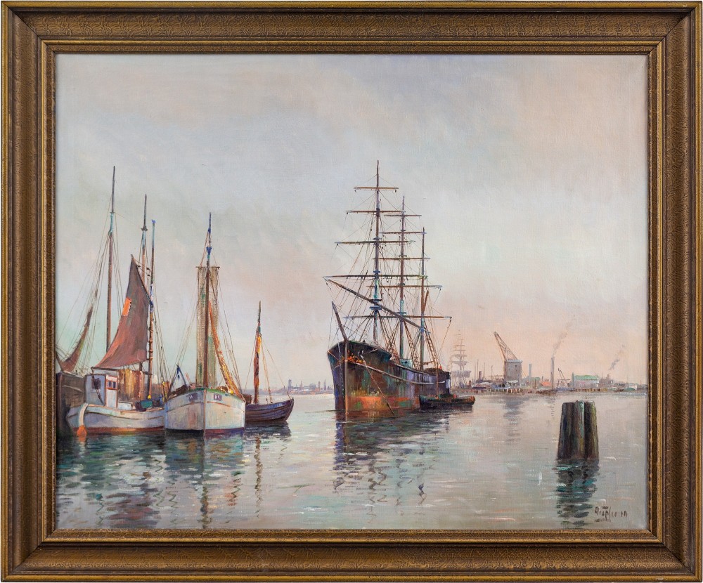 Arup Jensen, Moored At Copenhagen - Vintage Oil Painting 