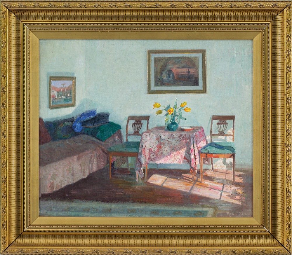 Robert Panitzsch, The Room With The Pink Tablecloth - Vintage Oil Painting 