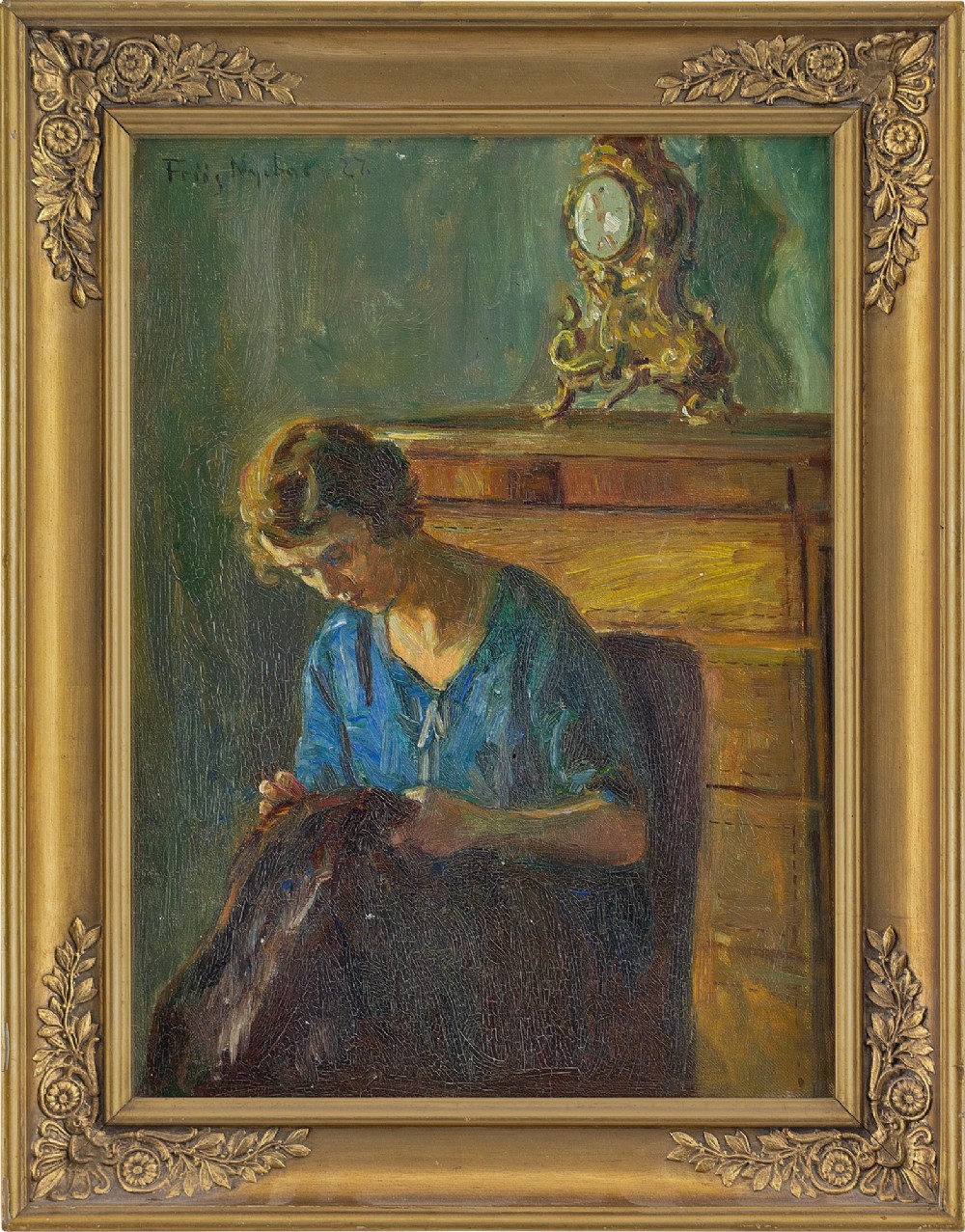 Poul Friis Nybo, Interior Scene With Lady Sewing - Vintage Oil Painting 