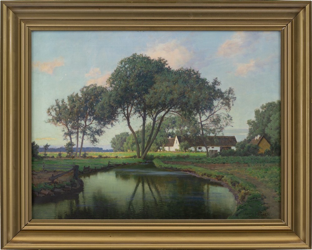 Jakob Hansen, Rural View With Cottage & Pond - Vintage Oil Painting 
