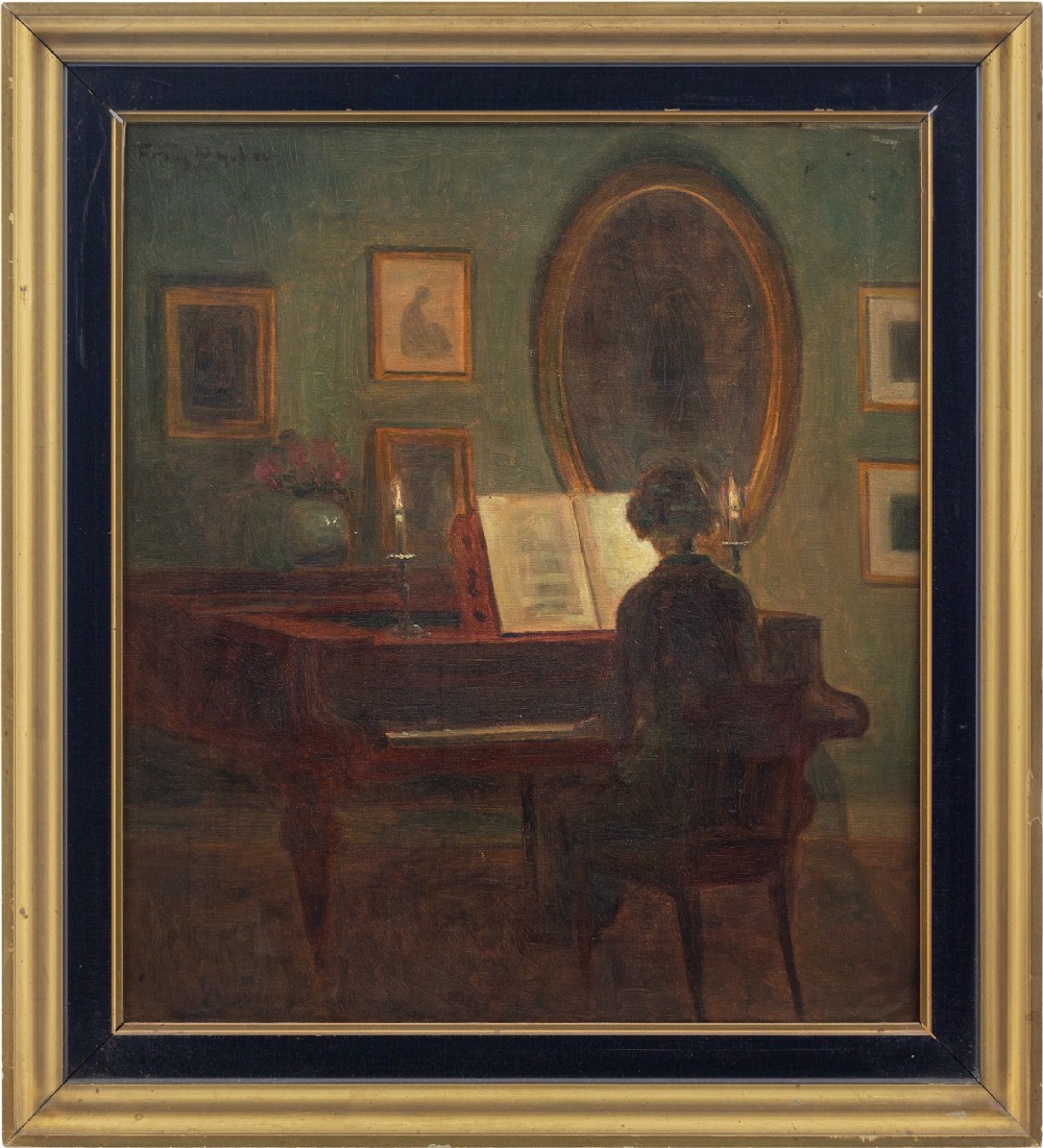 Poul Friis Nybo, Interior Scene With Woman At The Piano - Vintage Oil Painting 