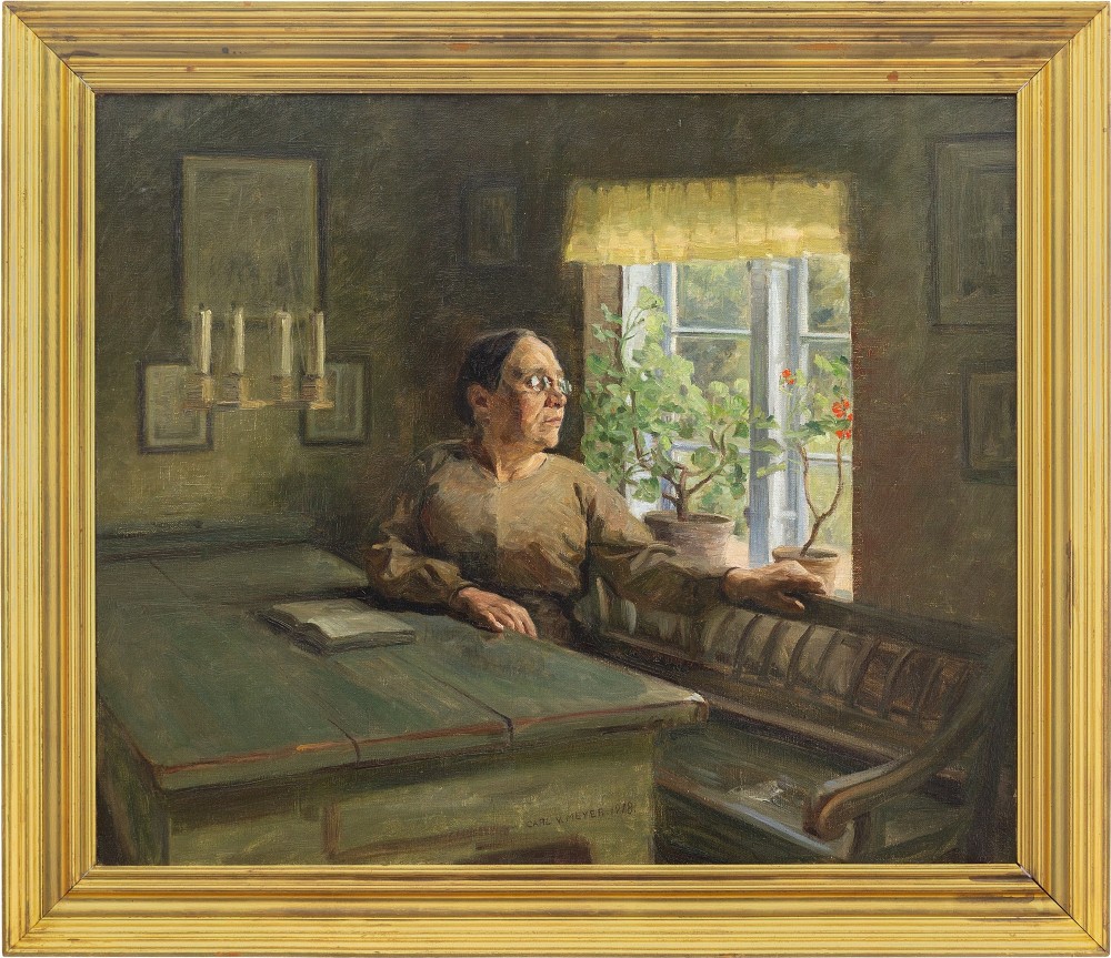 Carl Vilhelm Meyer, Interior Scene With Older Lady - Antique Oil Painting 