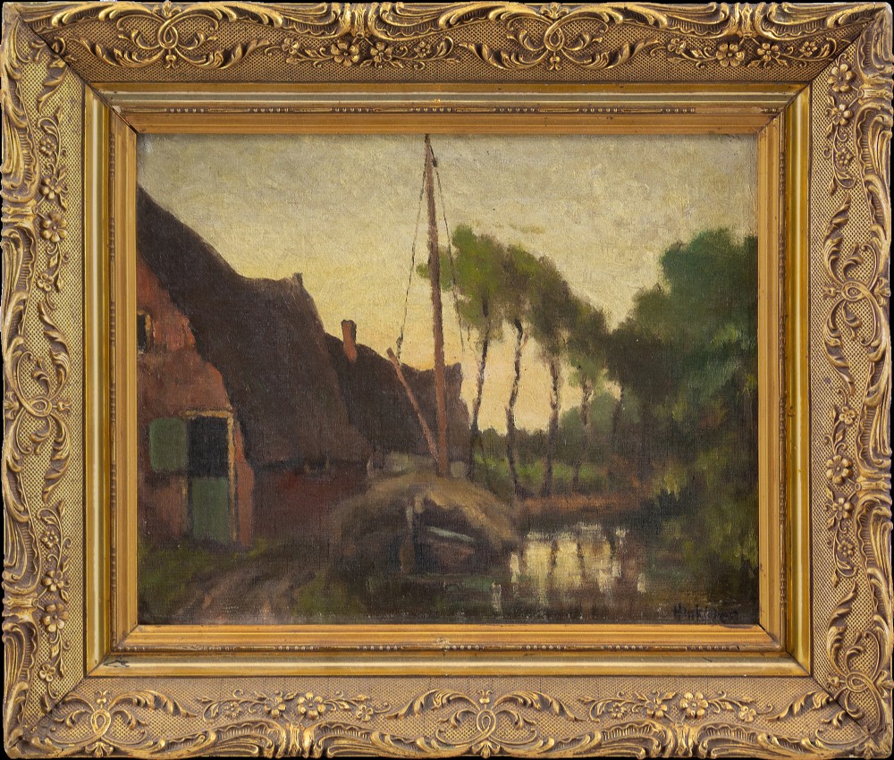 Clarence Hinkle, Tree-Lined Canal View With Cottages - Antique Oil Painting 