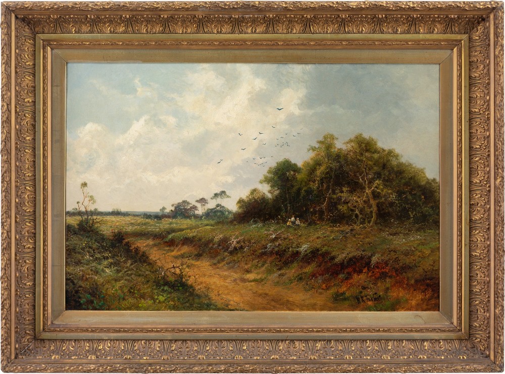 HK Foster, Rural Landscape With Worn Track & Family Picnicking - Antique Oil Painting