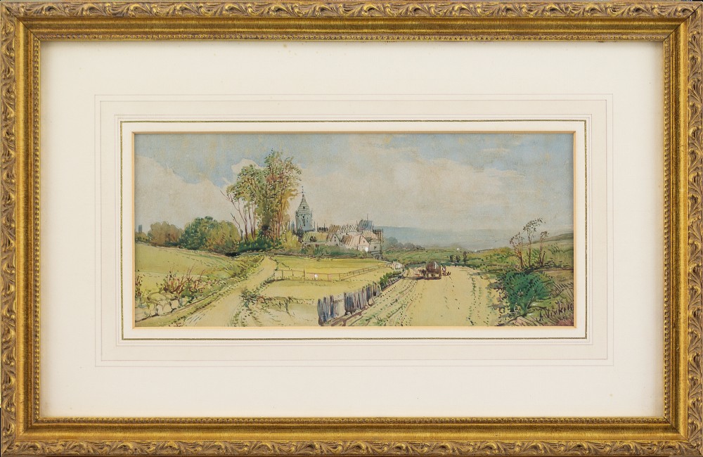 Alfred Henry Vickers, Coastal View With Church & Cattle - Antique Watercolour