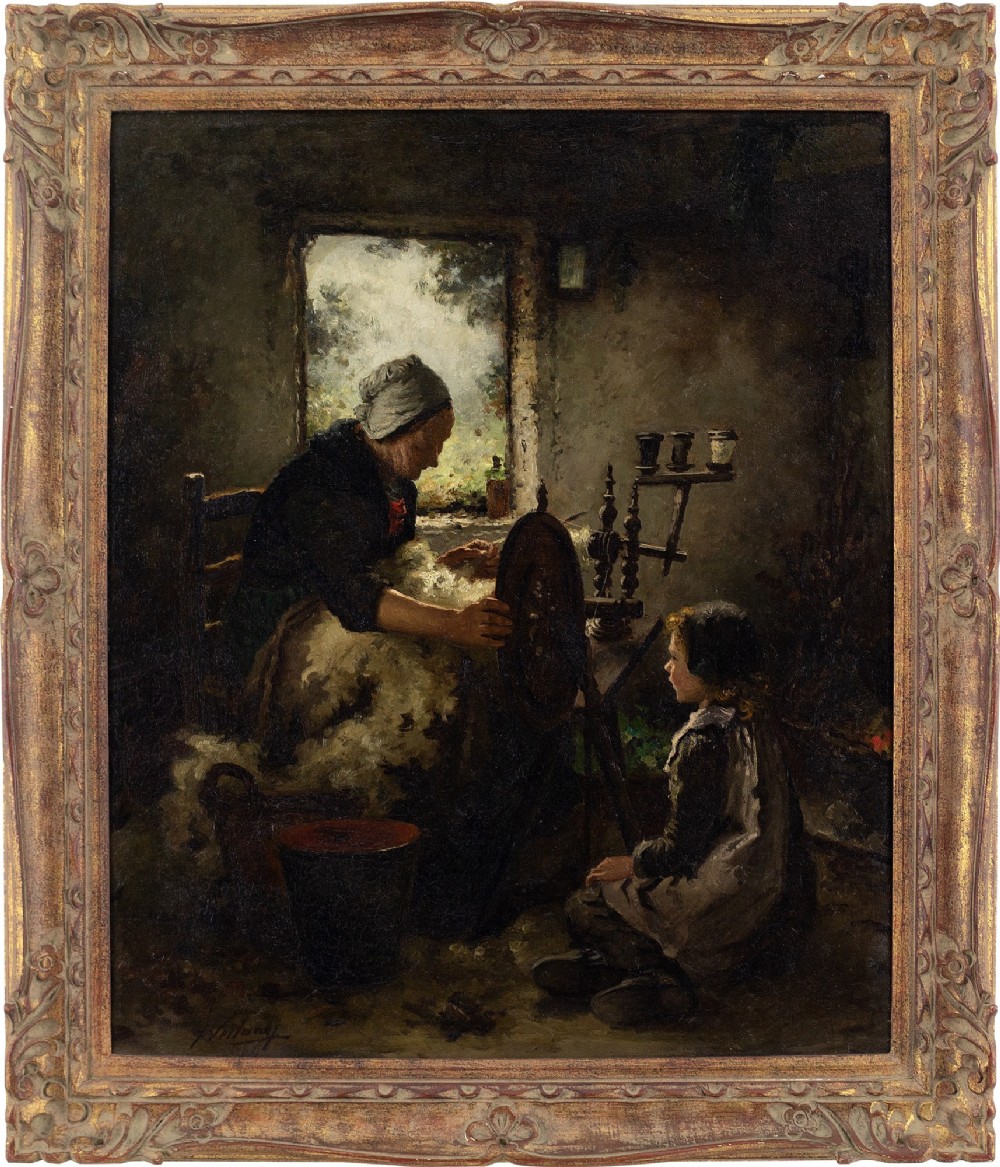 Johannes Weiland, An Afternoon Of Spinning Yarn - Antique Oil Painting 