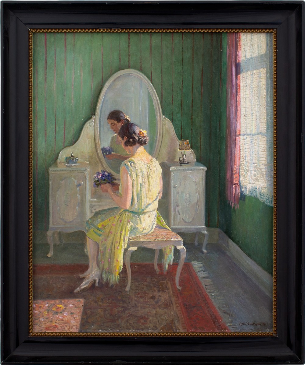 Robert Panitzsch, Interior Scene With Lady At Dressing Table - Antique Oil Painting 