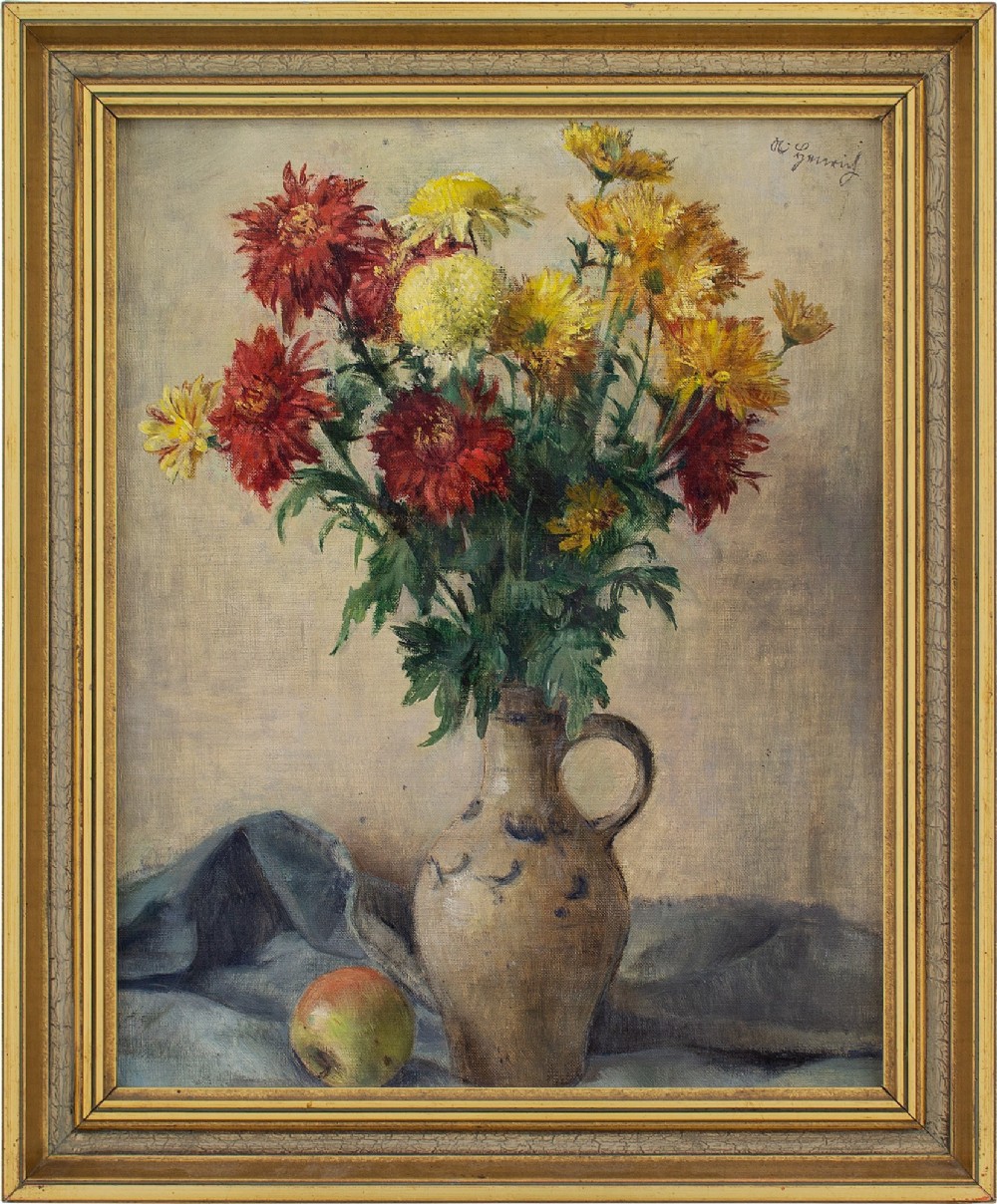 Albert Henrich, Still Life With Flowers, Vase & Apple - Vintage Oil Painting 