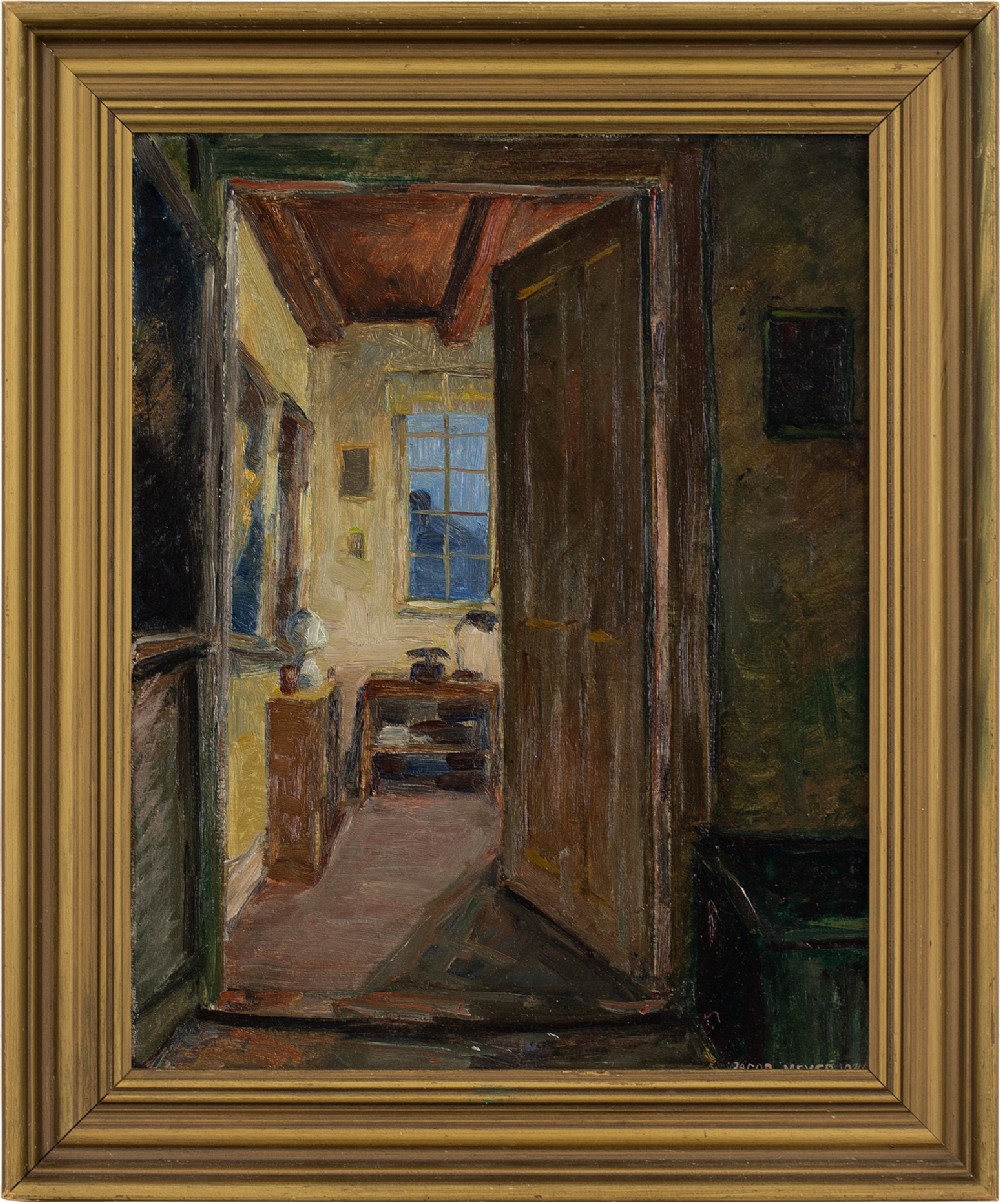 Jacob Meyer, Interior Scene With Open Door - Vintage Oil Painting 