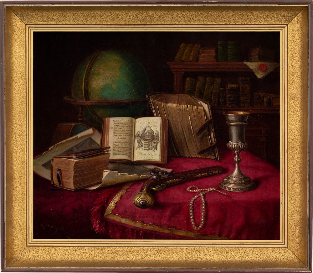 Follower Of Edwaert Collier, Vanitas With Globe, Books & Pistol - Antique Oil Painting 