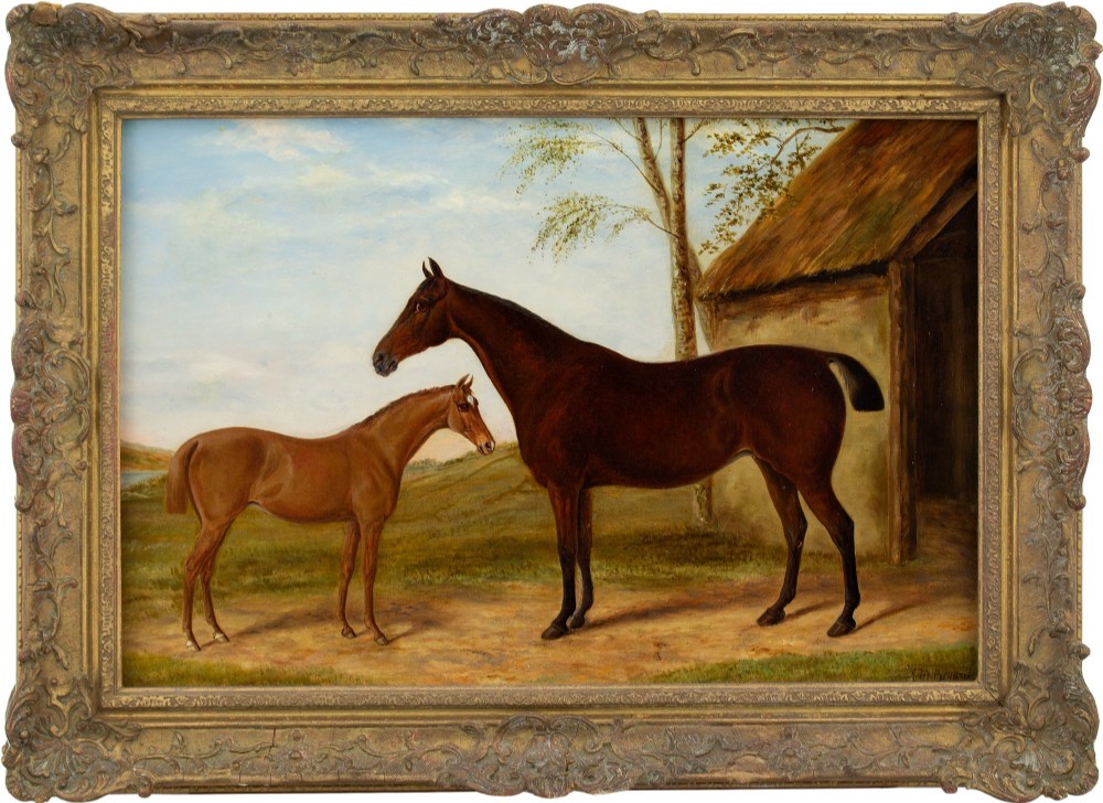 Alfred Moginie Bryant, Mare & Foal In A Landscape - Antique Oil Painting 