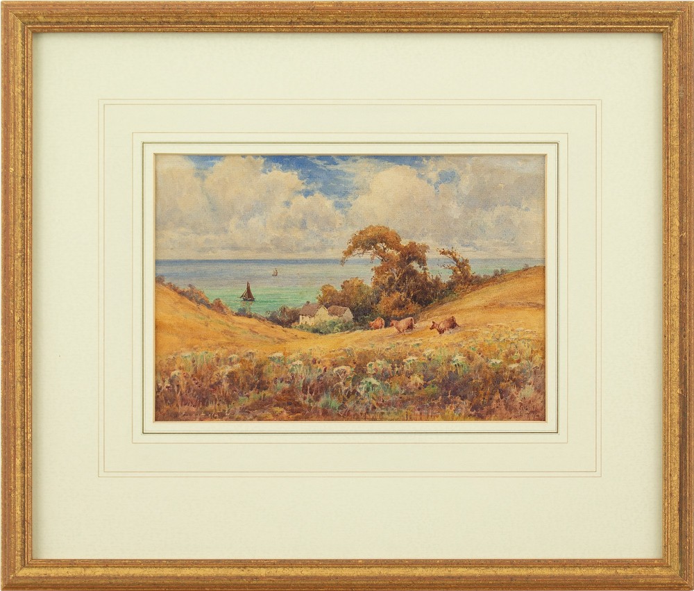 19th-Century British School, Coastal Landscape With Cattle - Antique Watercolour