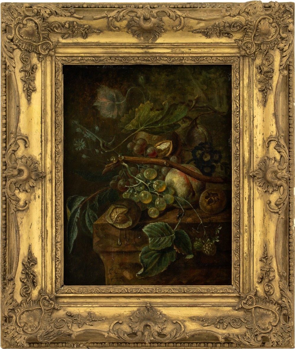 18th-Century Flemish Still Life With Fruit, Flowers & Foliage - Antique Oil Painting 
