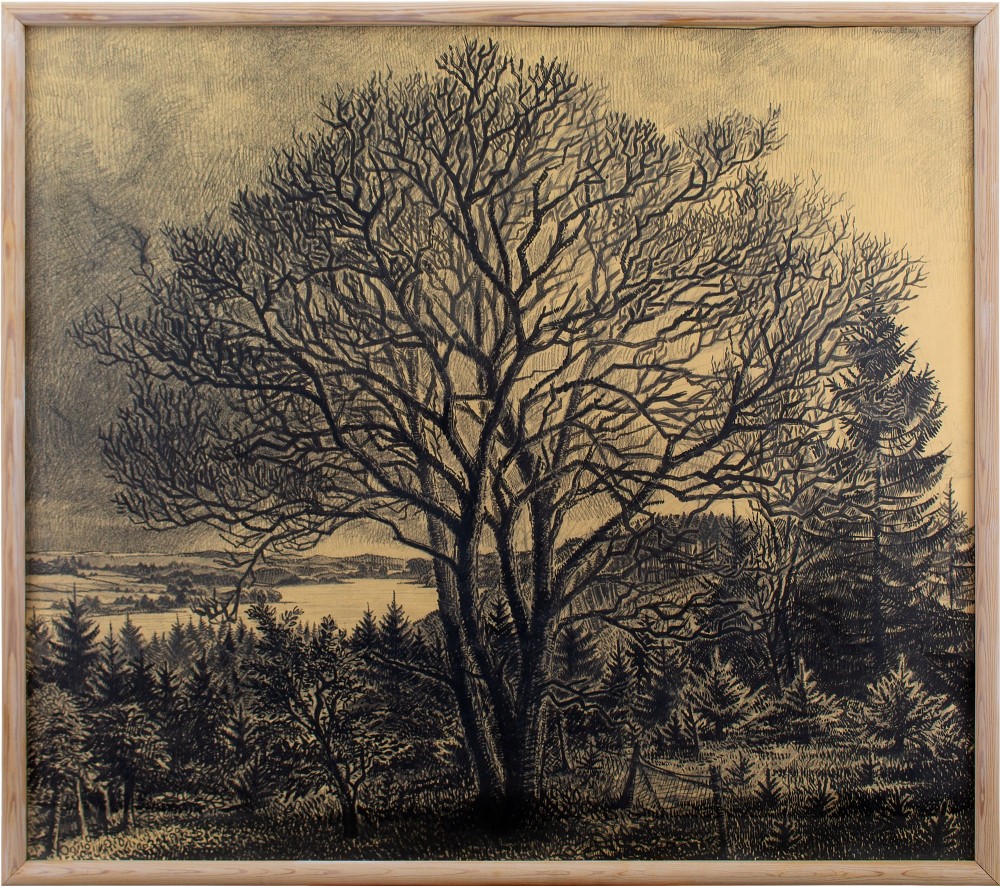 Mads Stage, River Landscape With Tree - Large Antique Charcoal Drawing 