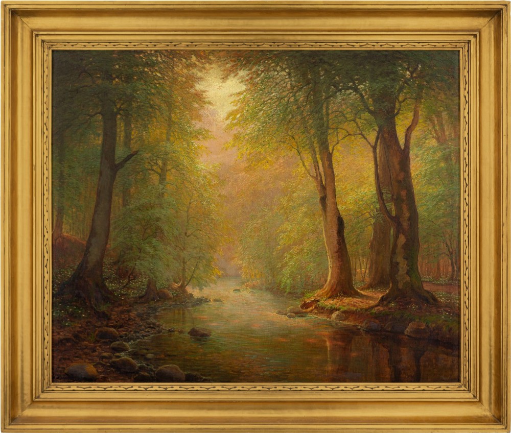 Peter Busch, Forest Landscape With Stream - Large Antique Oil Painting 