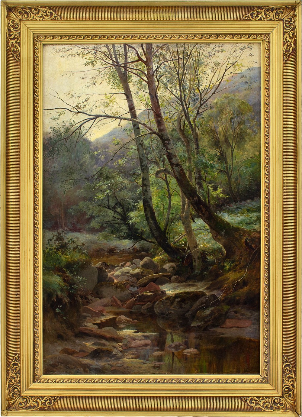 19th-Century Danish School, Forest Landscape With Stream, Antique Oil Painting