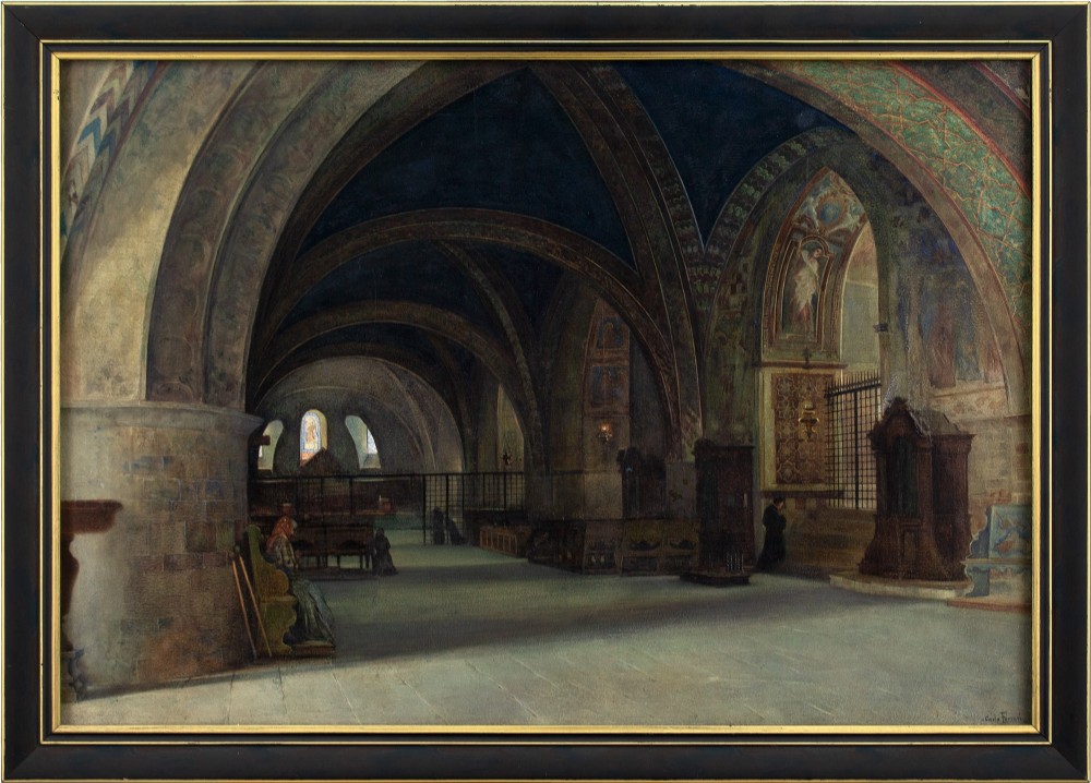 Carlo Ferrari, The Lower Basilica Of Saint Francis Of Assisi, Italy - Antique Watercolour