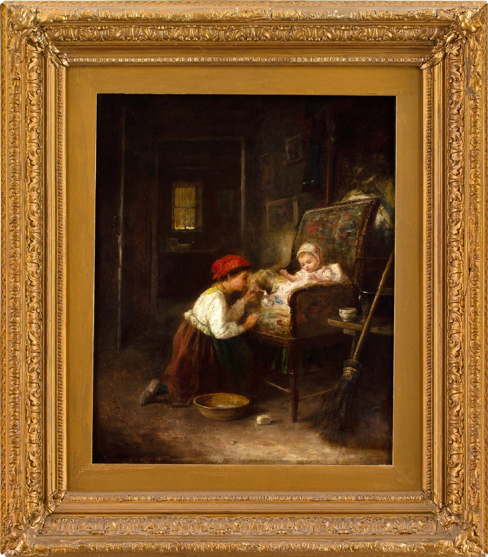 James Crawford Thom, Cottage Interior With Child & Baby - Antique Oil Painting 