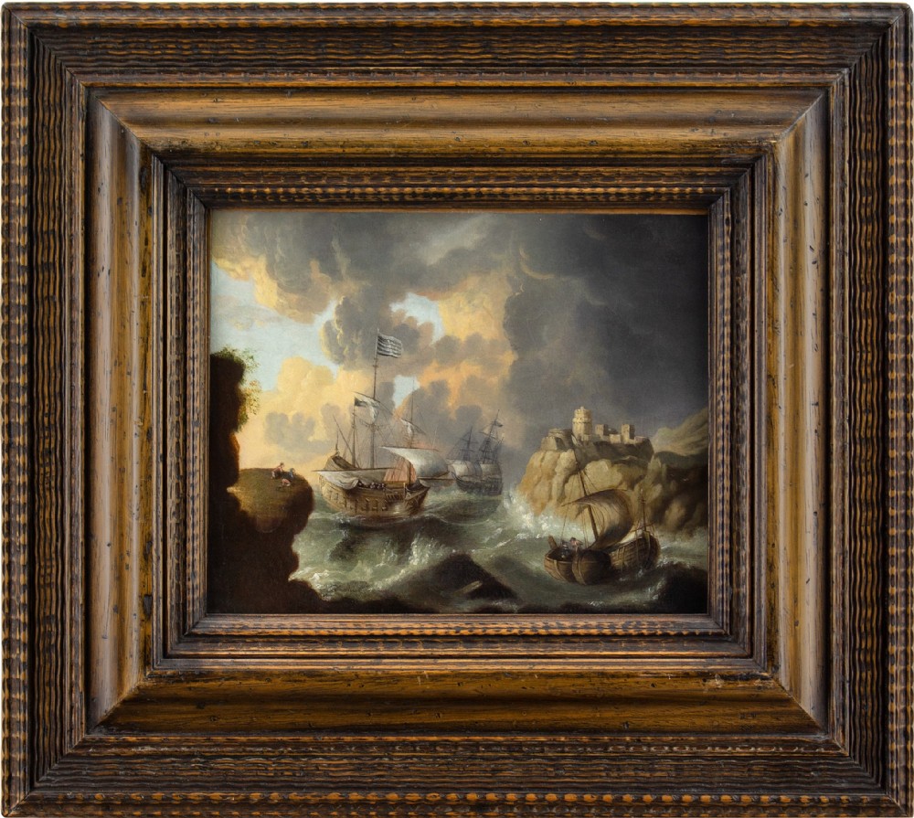 Follower Of Bonaventura Peeters, Marine Scene With Ships & Stormy Waters - Antique Oil Painting 