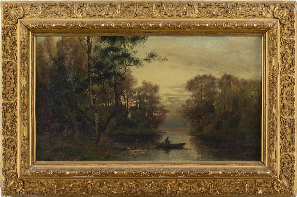 Arvid Mauritz Lindstrom, Evening Landscape With Fisherman - Antique Oil Painting 
