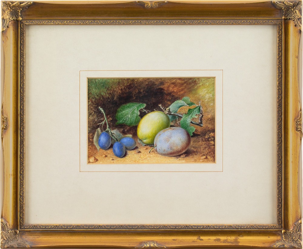 Mary A Hull, Still Life With Damsons & Plums - Antique Watercolour