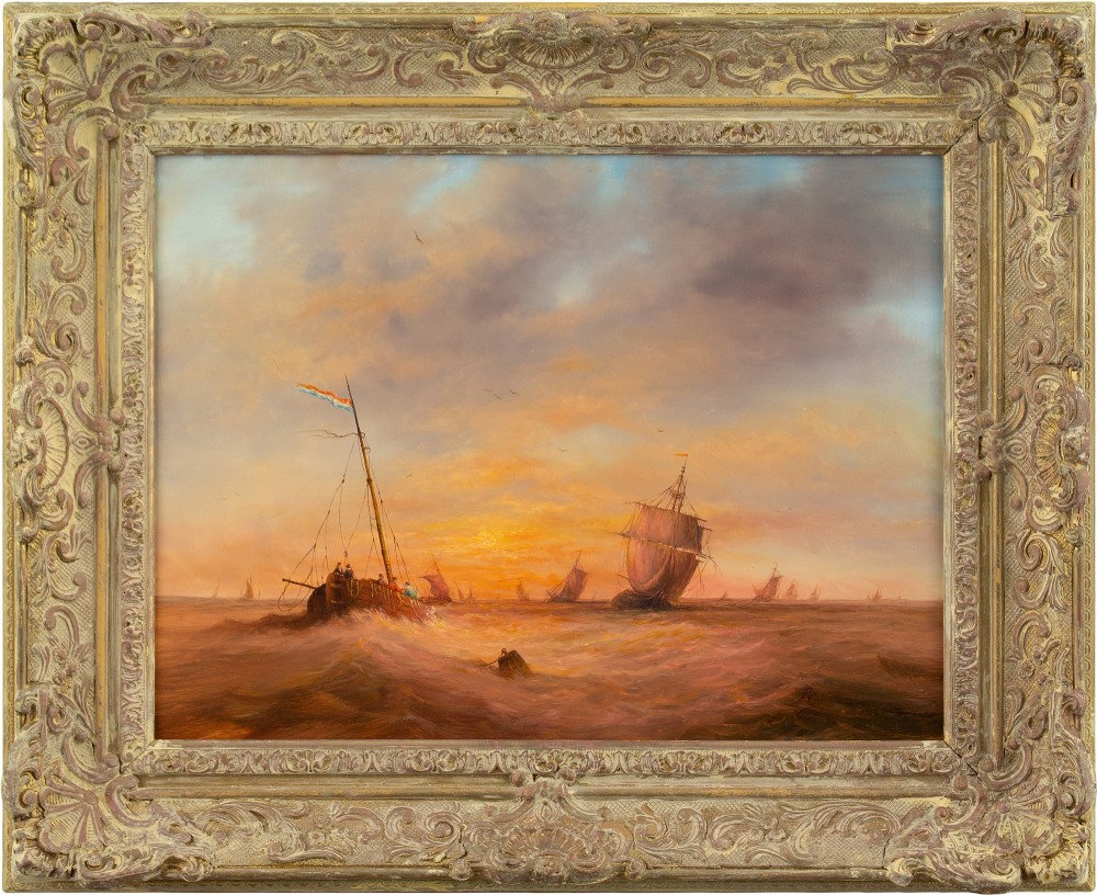 Follower Of Hermanus Koekkoek, Dutch Fishing Boats In Choppy Waters, Vintage Oil