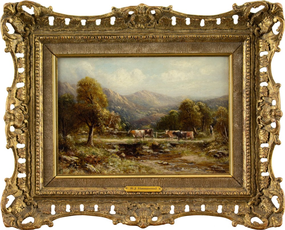 Robert John Hammond, Upland Landscape With Cattle - Antique Oil Painting 