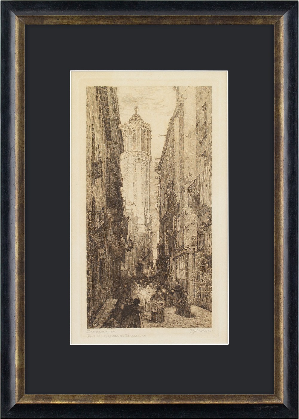 Hjalmar Molin, Calle De Los Condes De Barcelona, Spain - Antique Etching