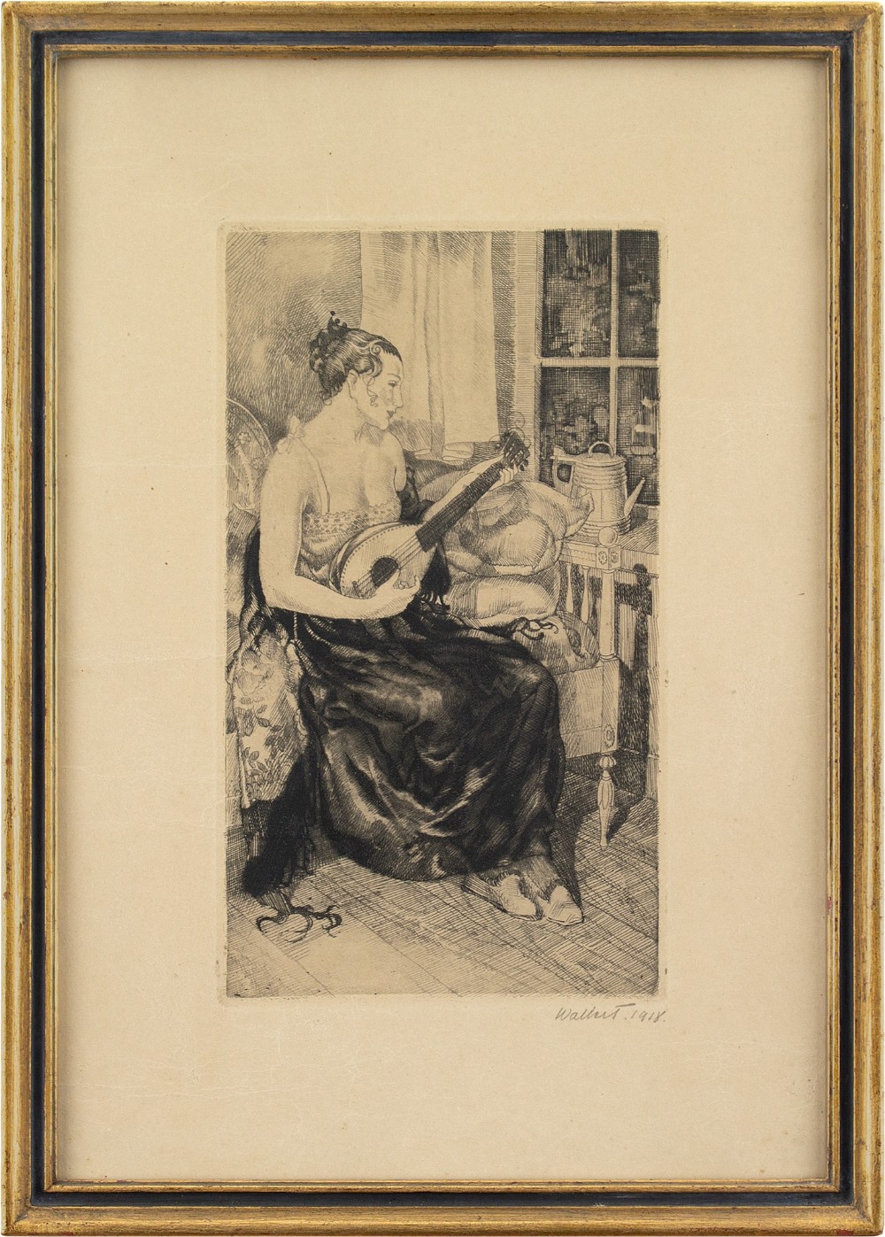 Axel Wallert, Seated Woman With Mandolin - Antique Etching 