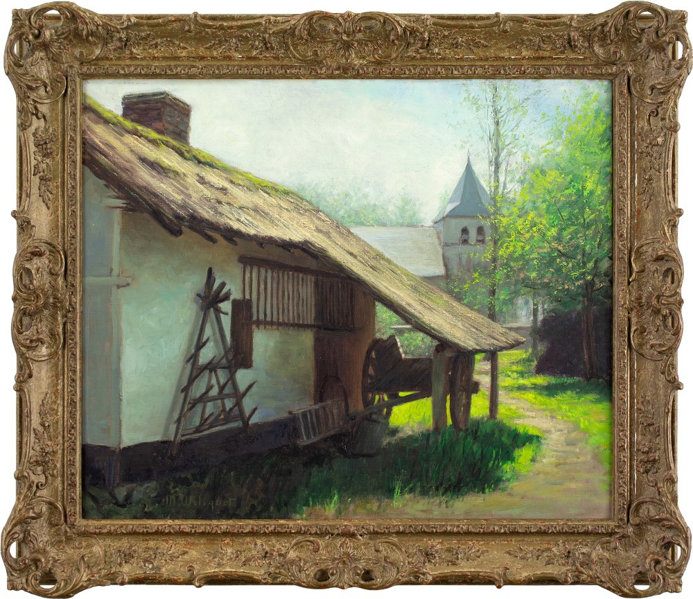 Maurice Wiliquet, Farmhouse With Cart, Trees & Church - Vintage Oil Painting 