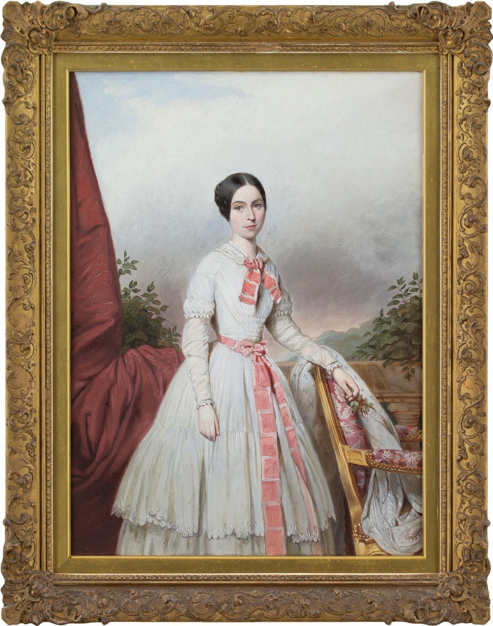 19th-Century English School, Portrait Of A Young Lady With A Pink Sash - Antique Oil Painting 