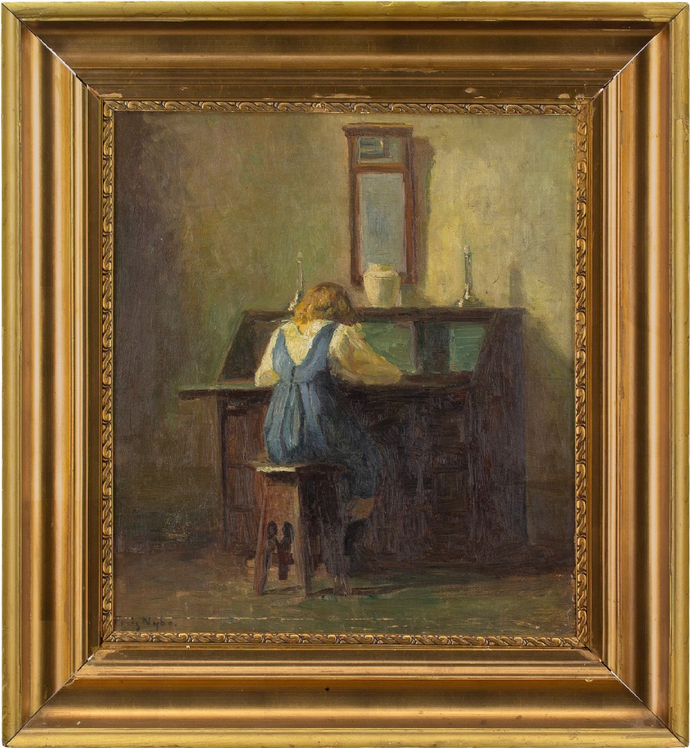 Poul Friss Nybo, Interior Scene With Girl At Writing Desk - Antique Oil Painting