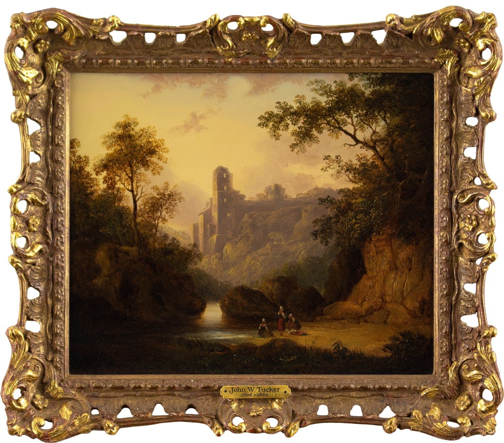 John Wallace Tucker, Figures In A Gorge With Castle Beyond - Antique Oil Painting
