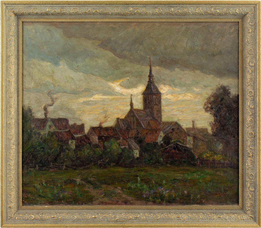 Early 20th-Century German School, Town View With Evening Light - Vintage Oil Painting 