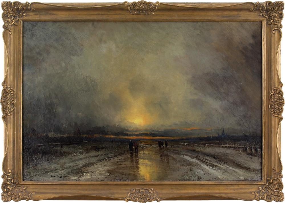 August Van Hier, Winter Landscape With Sunset & Figures - Antique Oil Painting 