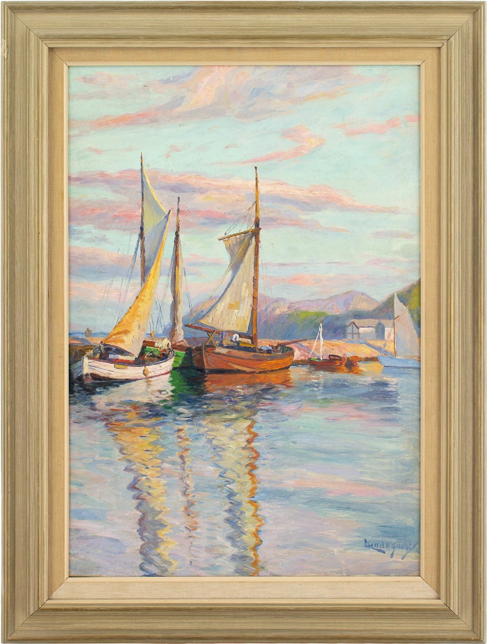 Justus Lundegard, Moored Sailboats - Antique Oil Painting 