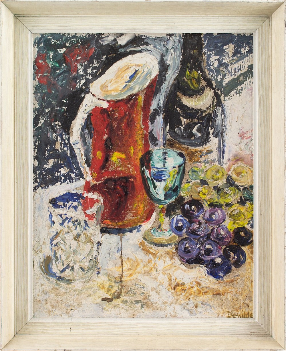 20th-Century Still Life With Jug, Glasses & Fruit - Vintage Oil Painting
