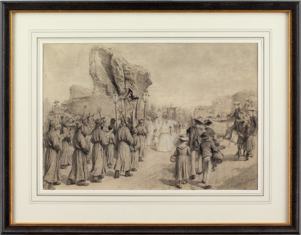 Godefroy Durand, Saint’s Day Procession, France - Antique Drawing