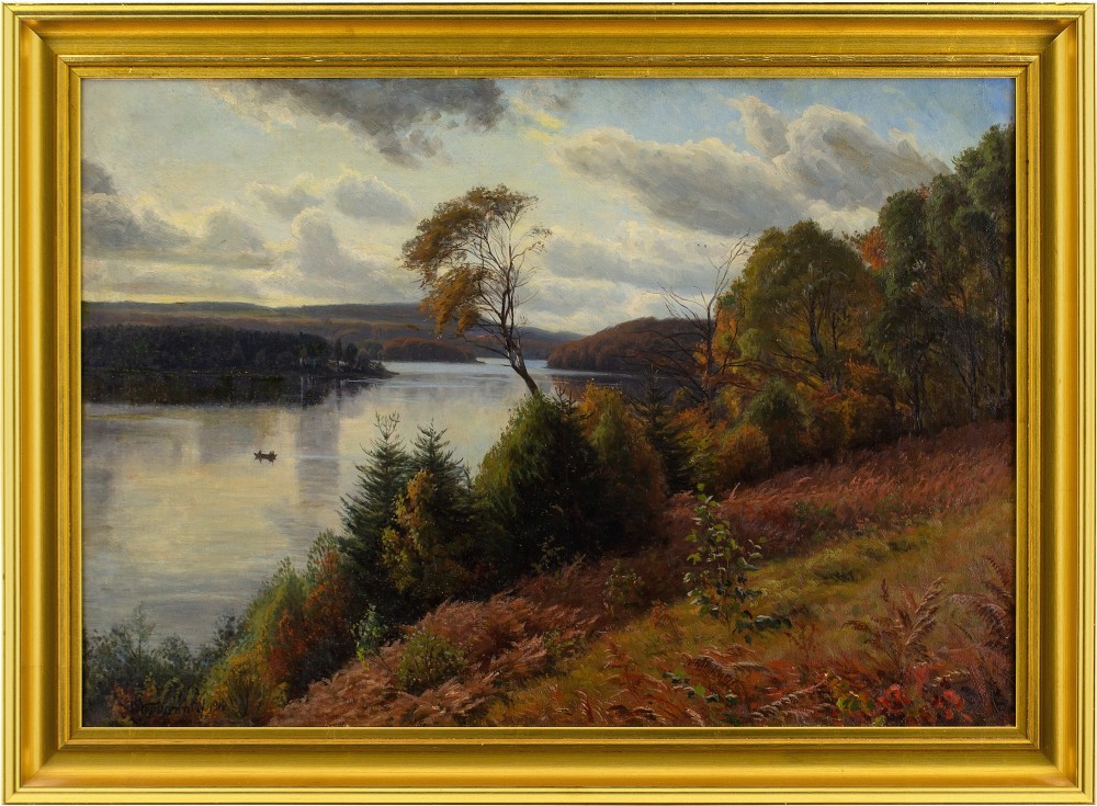 Emil Wennerwald, Autumn Landscape, Borresø Lake Near Silkeborg, Denmark - Antique Oil Painting 